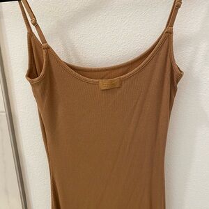 SKIMS SOFT LOUNGE SHIMMER LONG SLIP DRESS IN CAMEL SIZE M